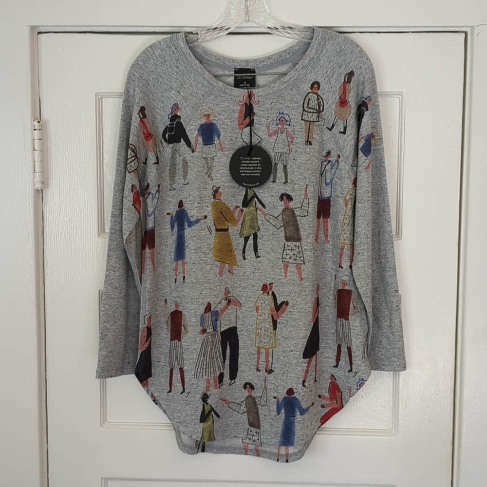 NWT Inoah Long Sleeve Shirt Medium Curve Hem Gray People Dancing Art To Wear - Picture 9 of 13